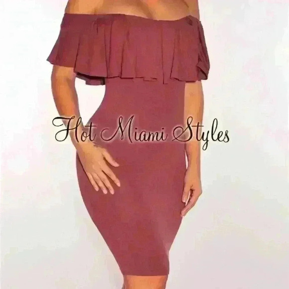 Hot Miami Styles Dresses & Skirts - Deep Mauve Off Shoulder Ruffle Dress